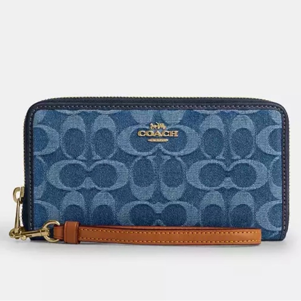 Coach Denim Blue Wristlet with Signature Pattern